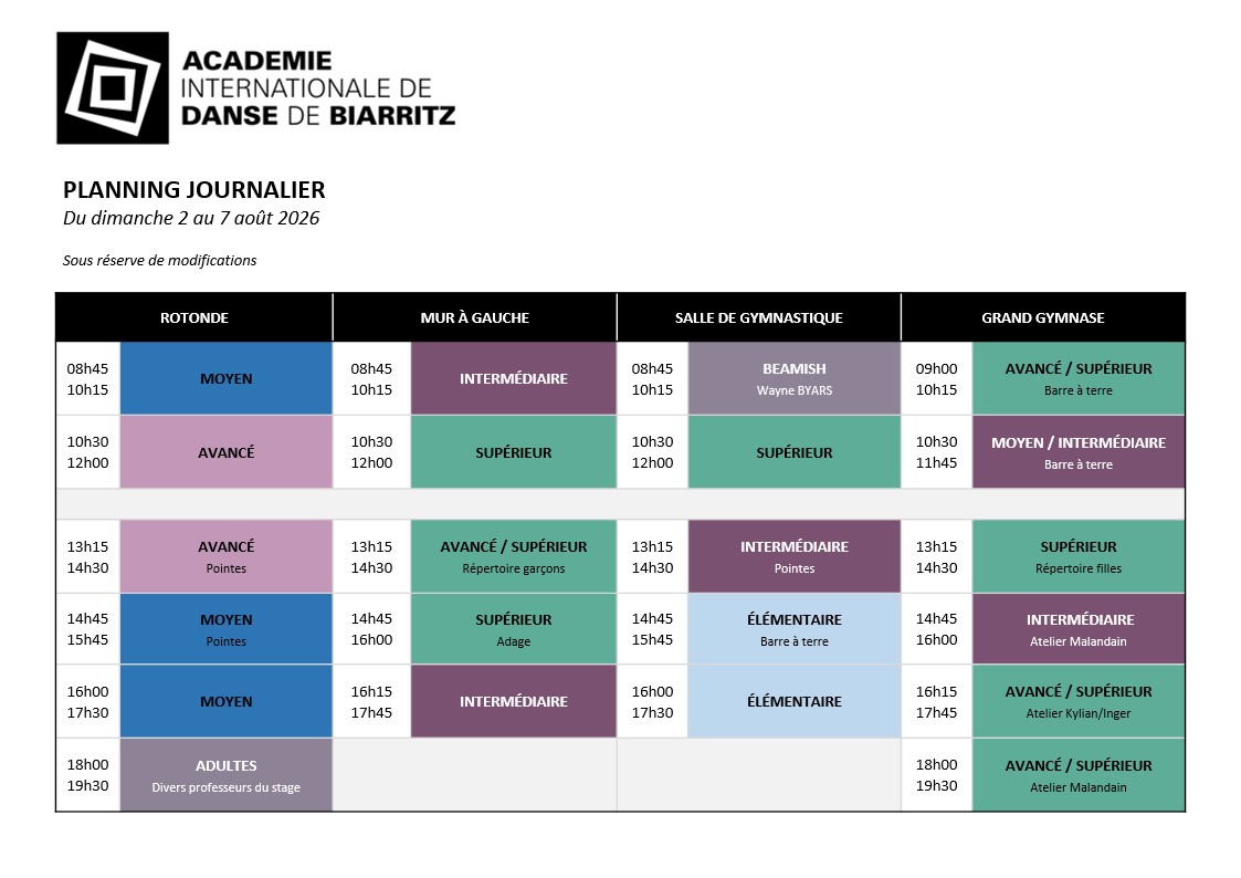Planning 2026 - Académie International de Danse de Biarritz